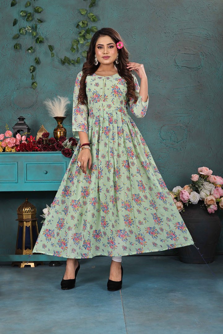 Pastel Green Floral Georgette Gown
