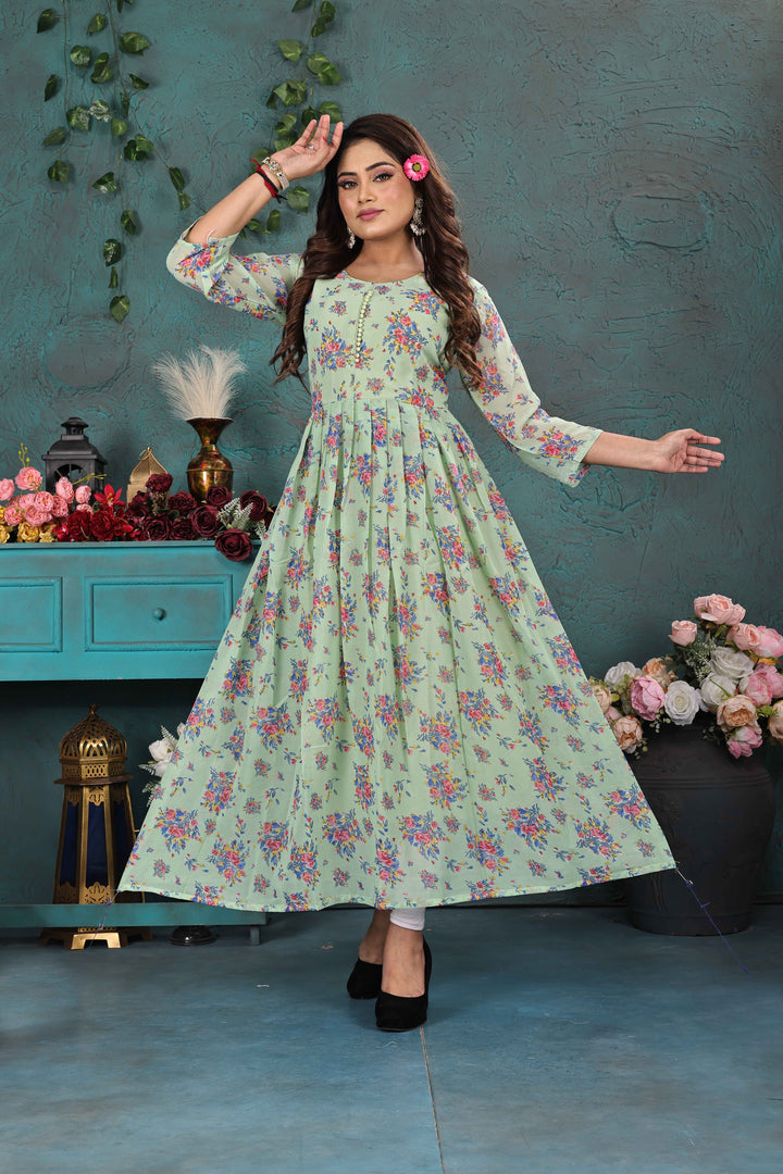 Pastel Green Floral Georgette Gown