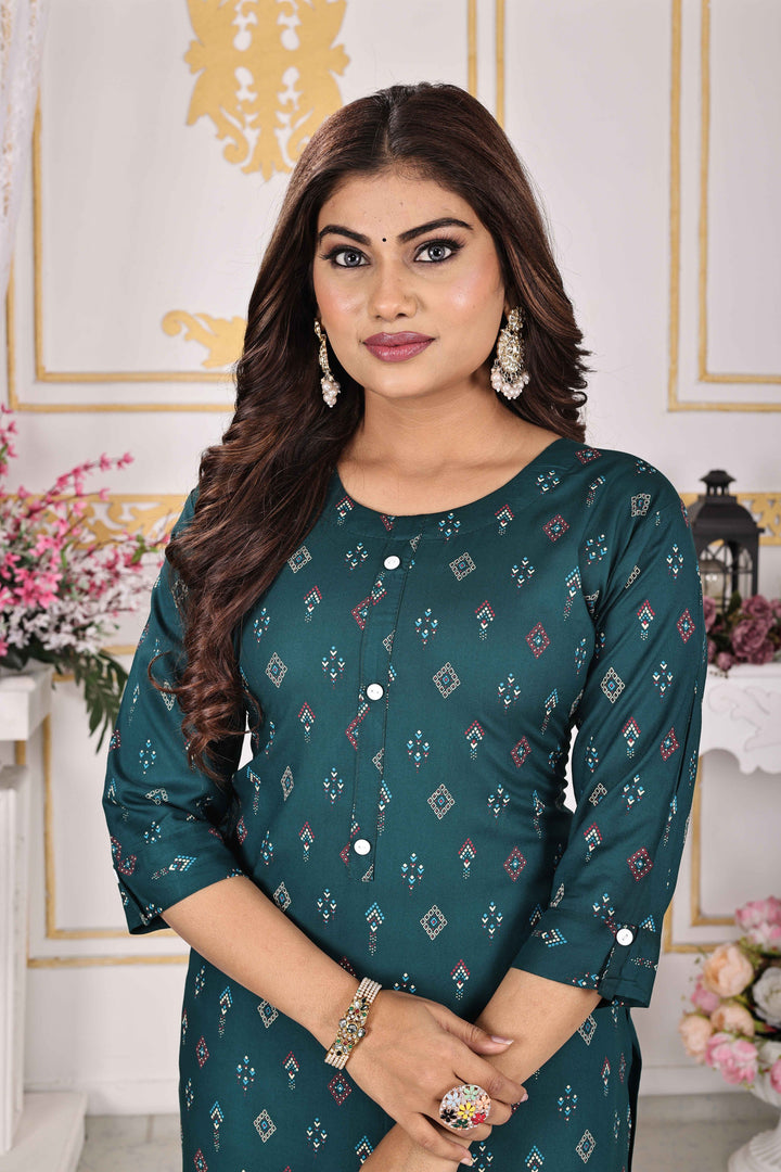 Bottle Green Kurti Elegant Rayon with Diamond Print
