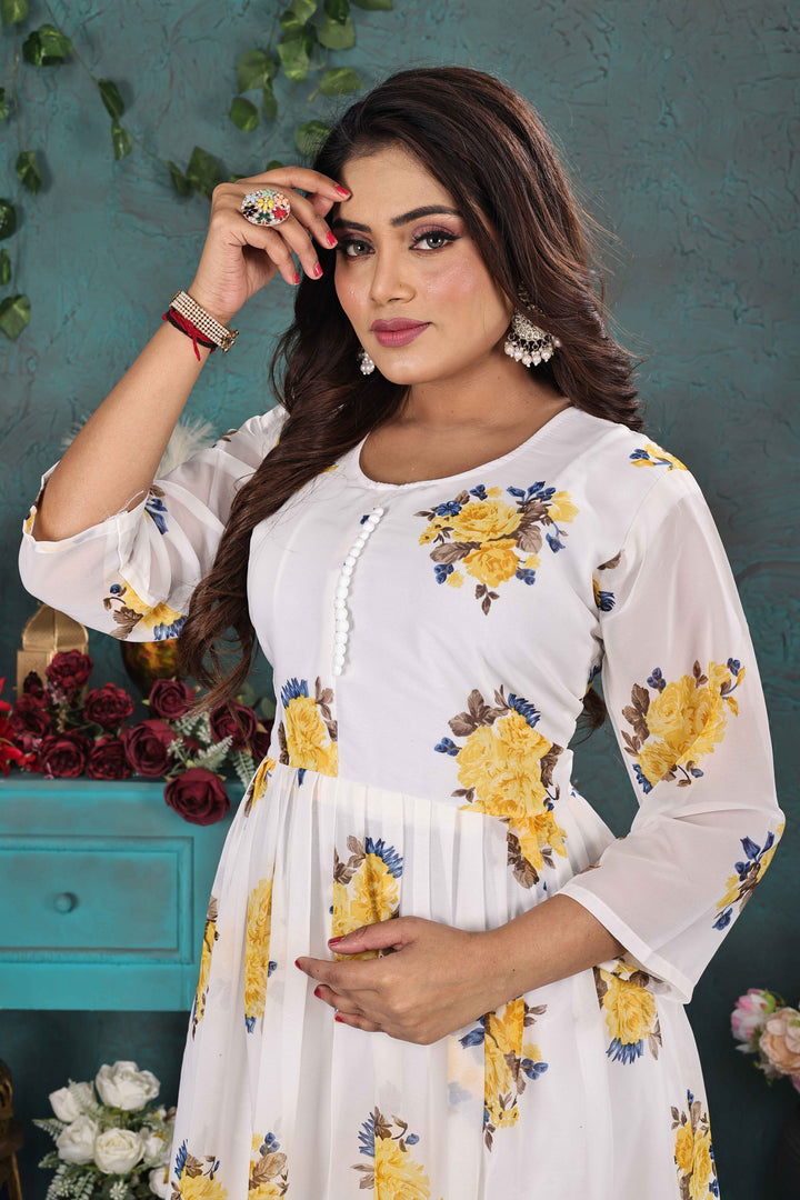 Elegant White Floral Georgette Gown