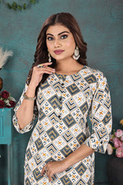 White Ethnic Printed Kurti – Designer Rayon Comfort Fit