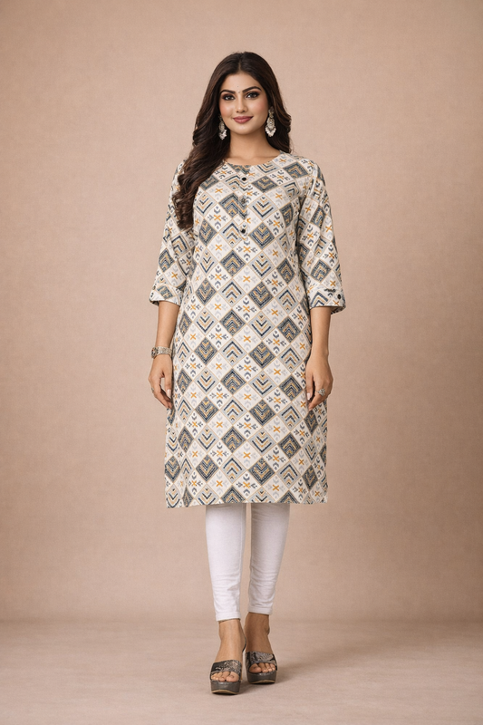 White Ethnic Printed Kurti – Designer Rayon Comfort Fit