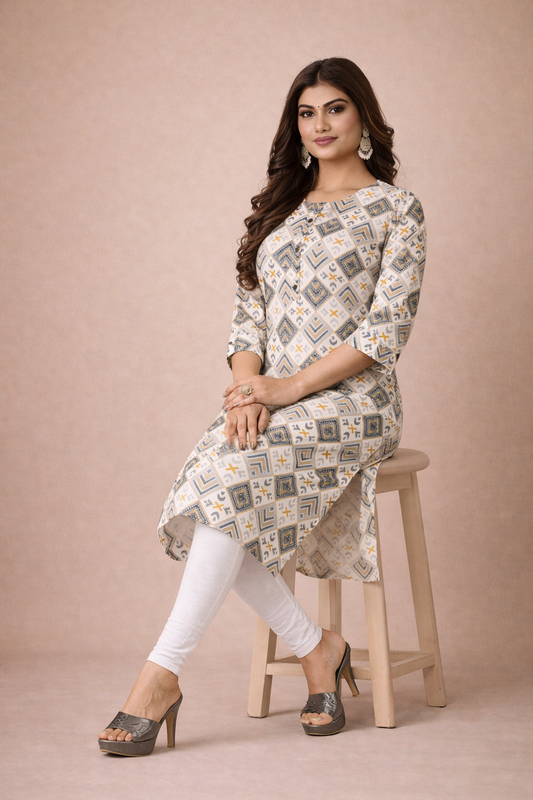 White Ethnic Printed Kurti – Designer Rayon Comfort Fit