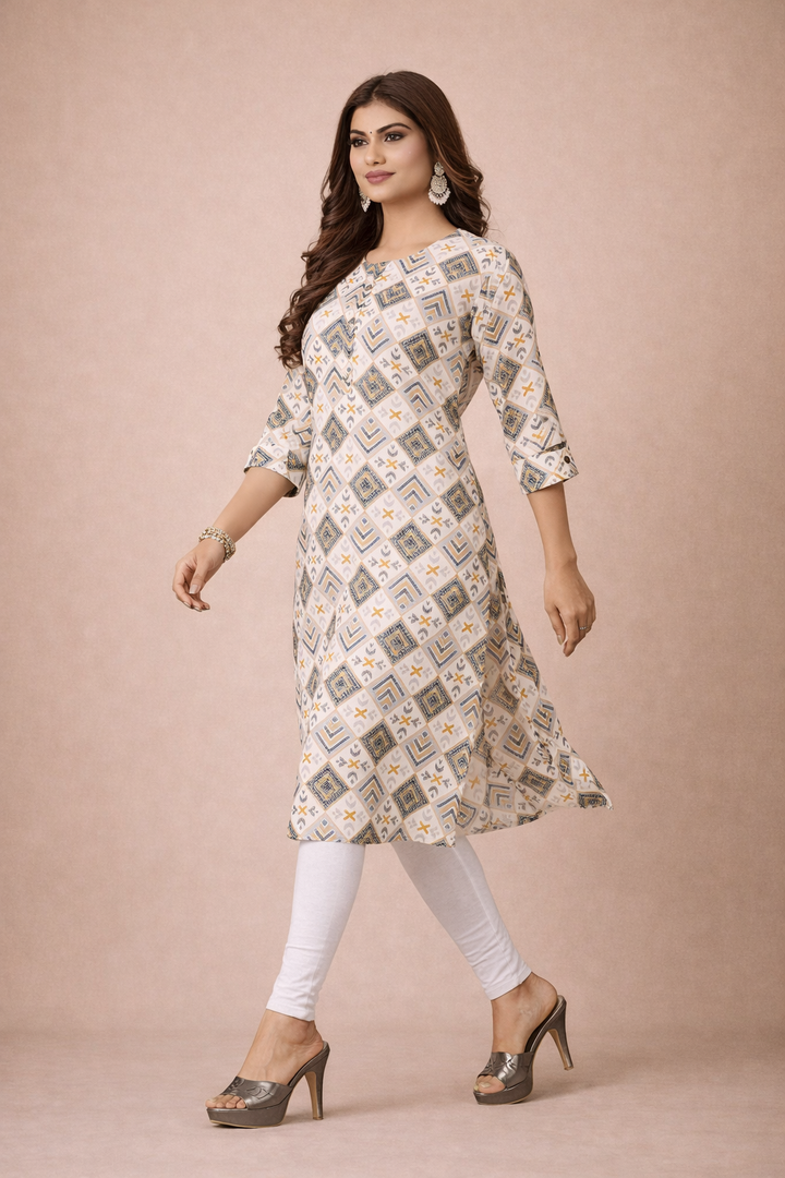White Ethnic Printed Kurti – Designer Rayon Comfort Fit
