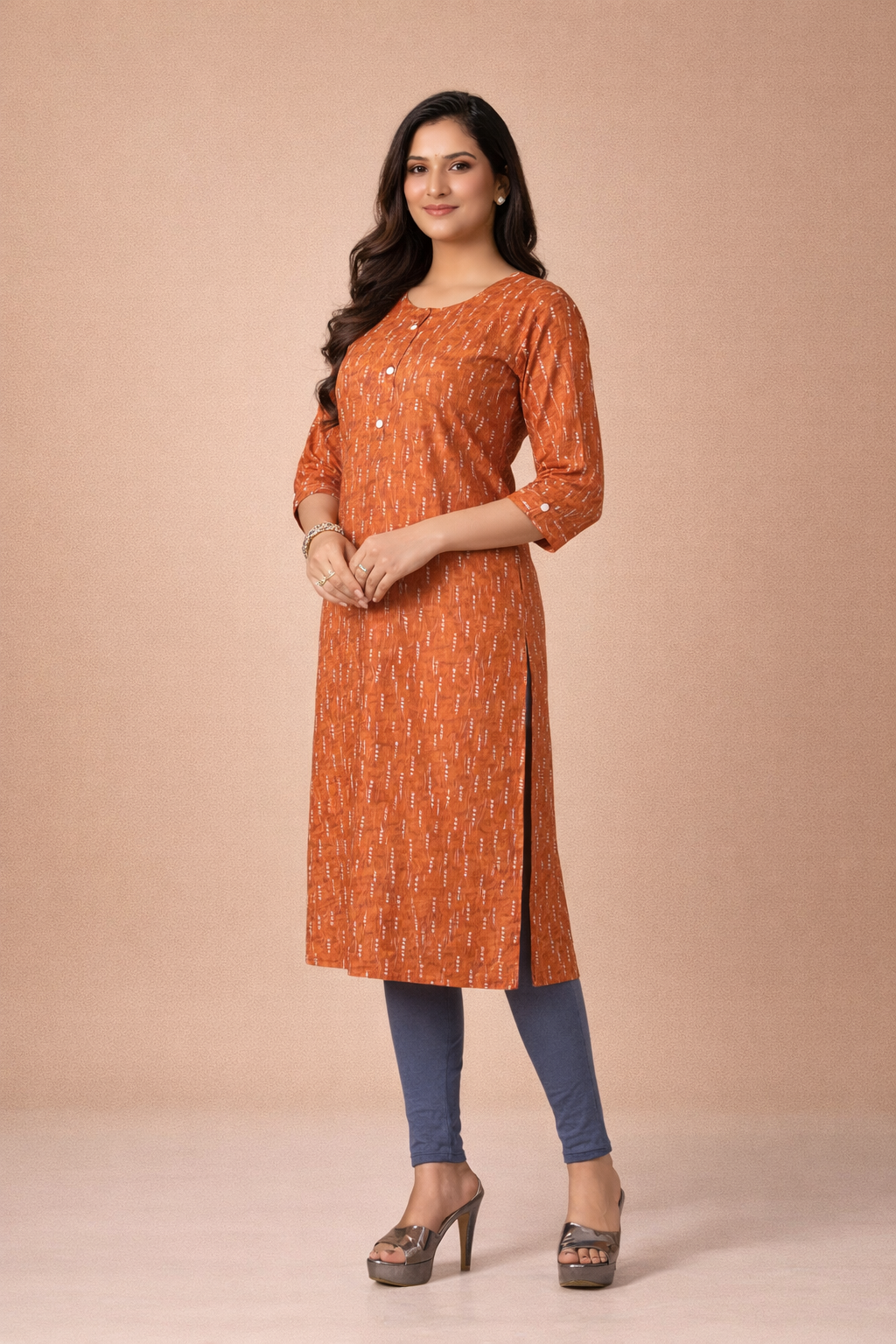 Mustard Orange Kurti Rayon Comfort with Subtle Print
