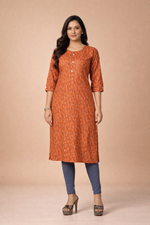 Load image into Gallery viewer, Mustard Orange Kurti Rayon Comfort with Subtle Print