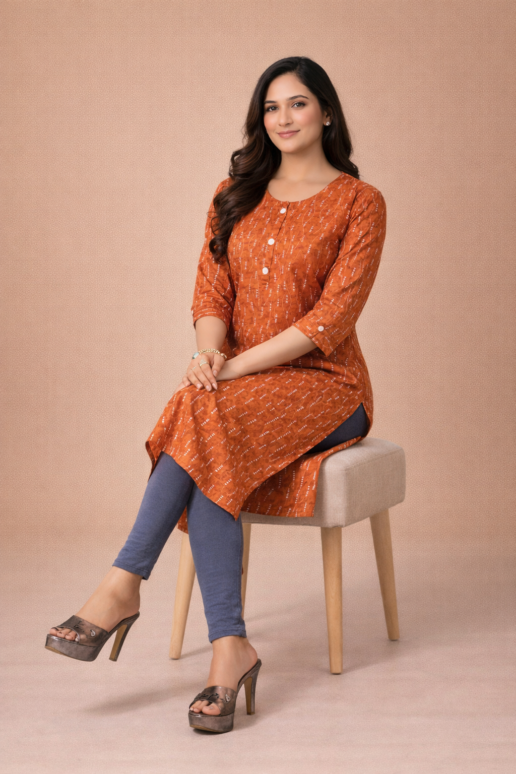 Mustard Orange Kurti Rayon Comfort with Subtle Print