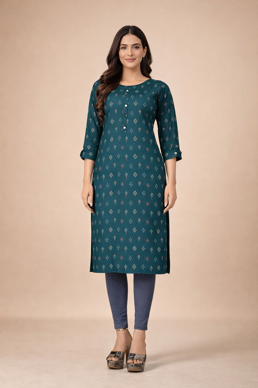 Bottle Green Kurti Elegant Rayon with Diamond Print