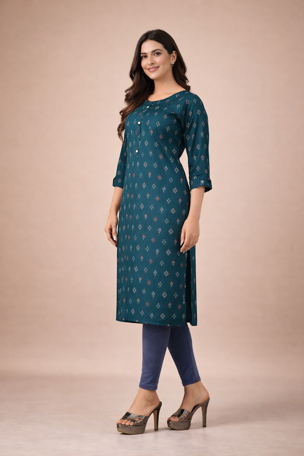 Bottle Green Kurti Elegant Rayon with Diamond Print