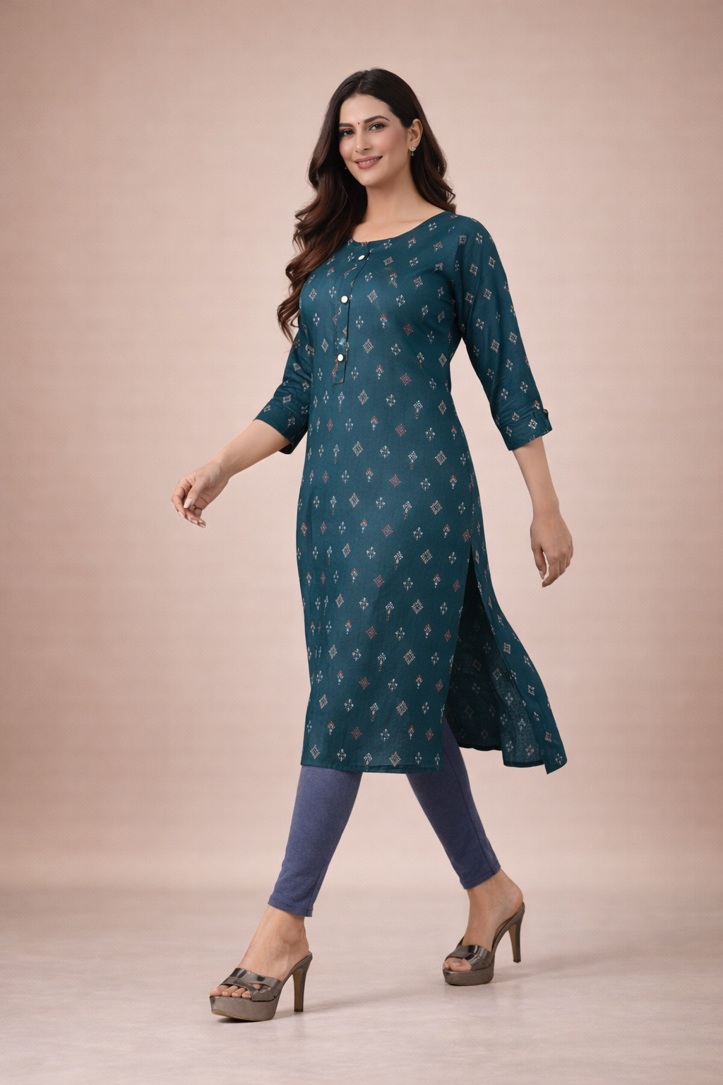 Bottle Green Kurti Elegant Rayon with Diamond Print