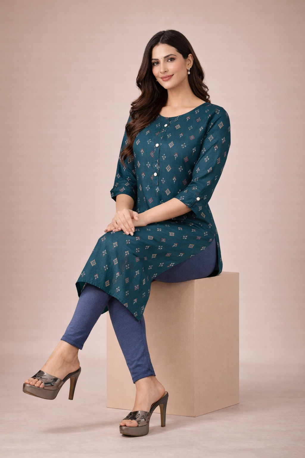 Bottle Green Kurti Elegant Rayon with Diamond Print