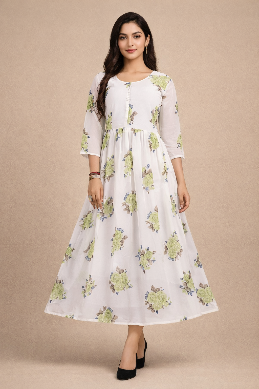 Graceful White & Green Floral Georgette Gown