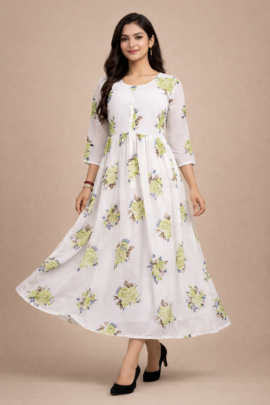 Graceful White & Green Floral Georgette Gown