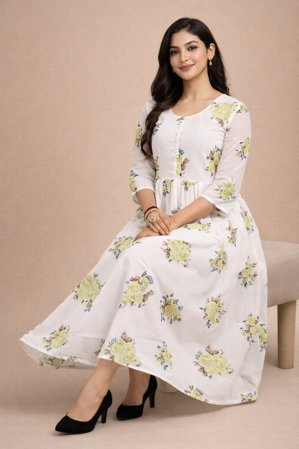 Graceful White & Green Floral Georgette Gown