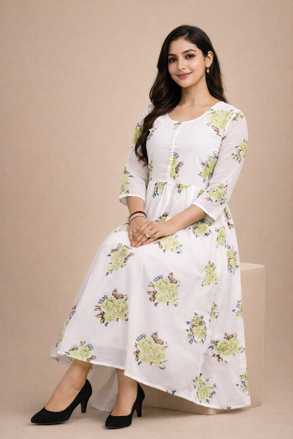 Graceful White & Green Floral Georgette Gown