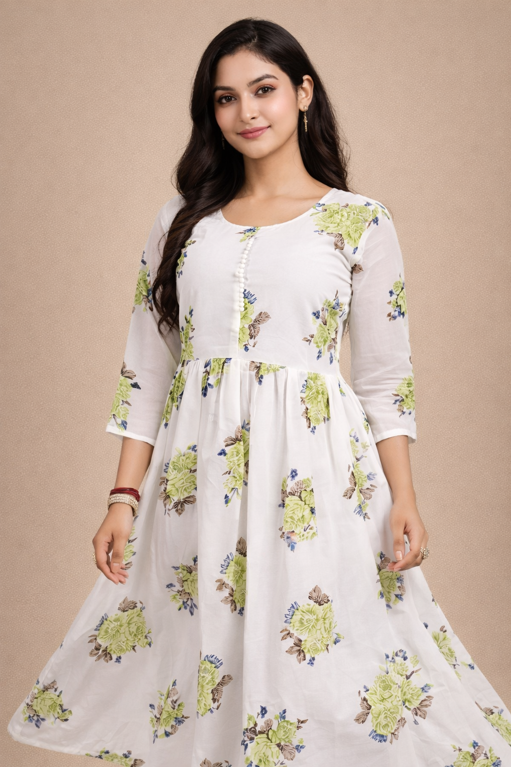 Graceful White & Green Floral Georgette Gown
