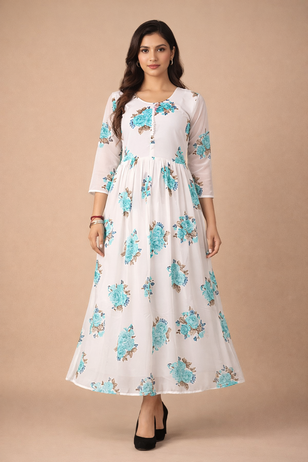 Chic White & Blue Floral Georgette Gown