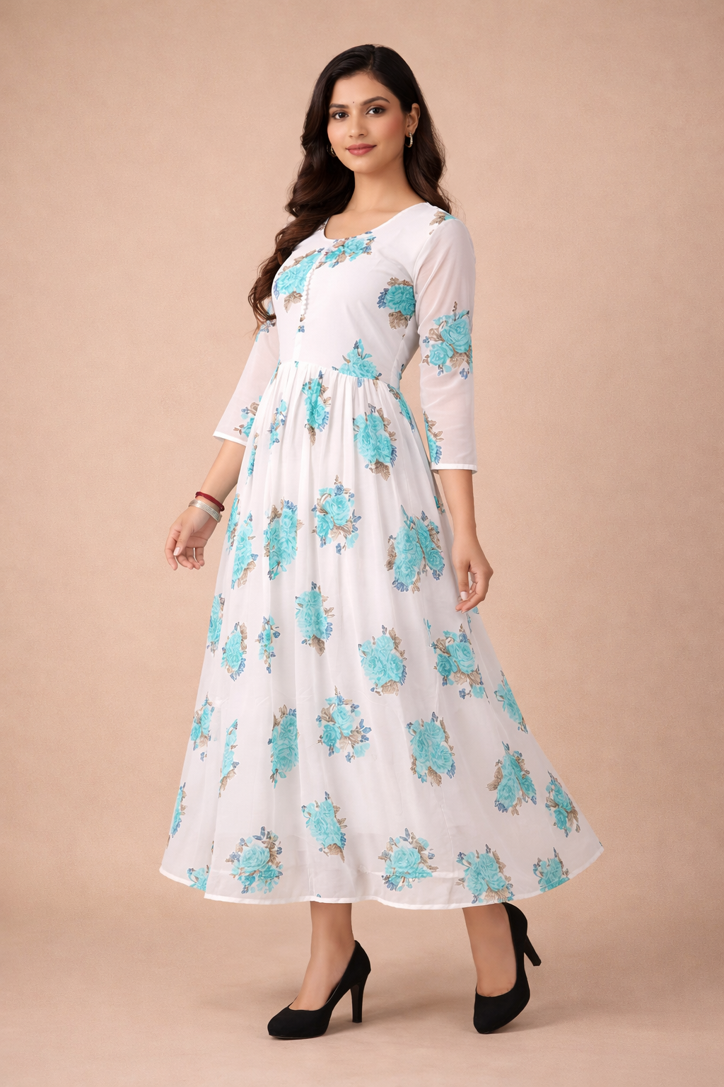 Chic White & Blue Floral Georgette Gown