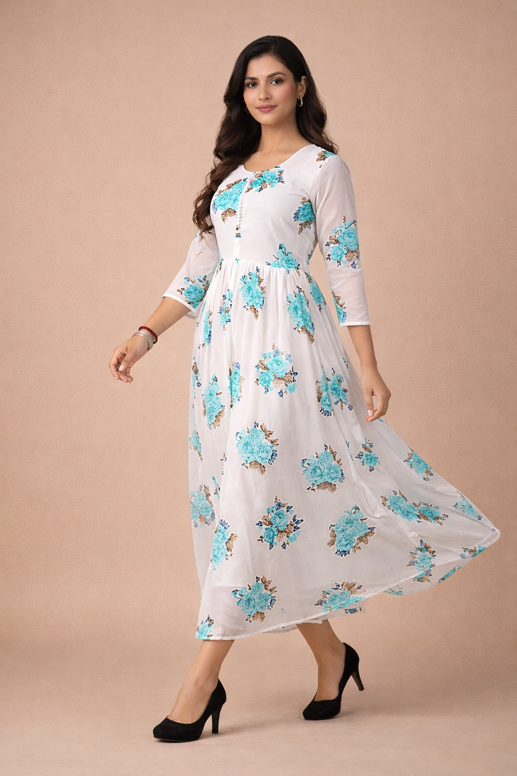 Chic White & Blue Floral Georgette Gown