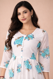 Chic White & Blue Floral Georgette Gown