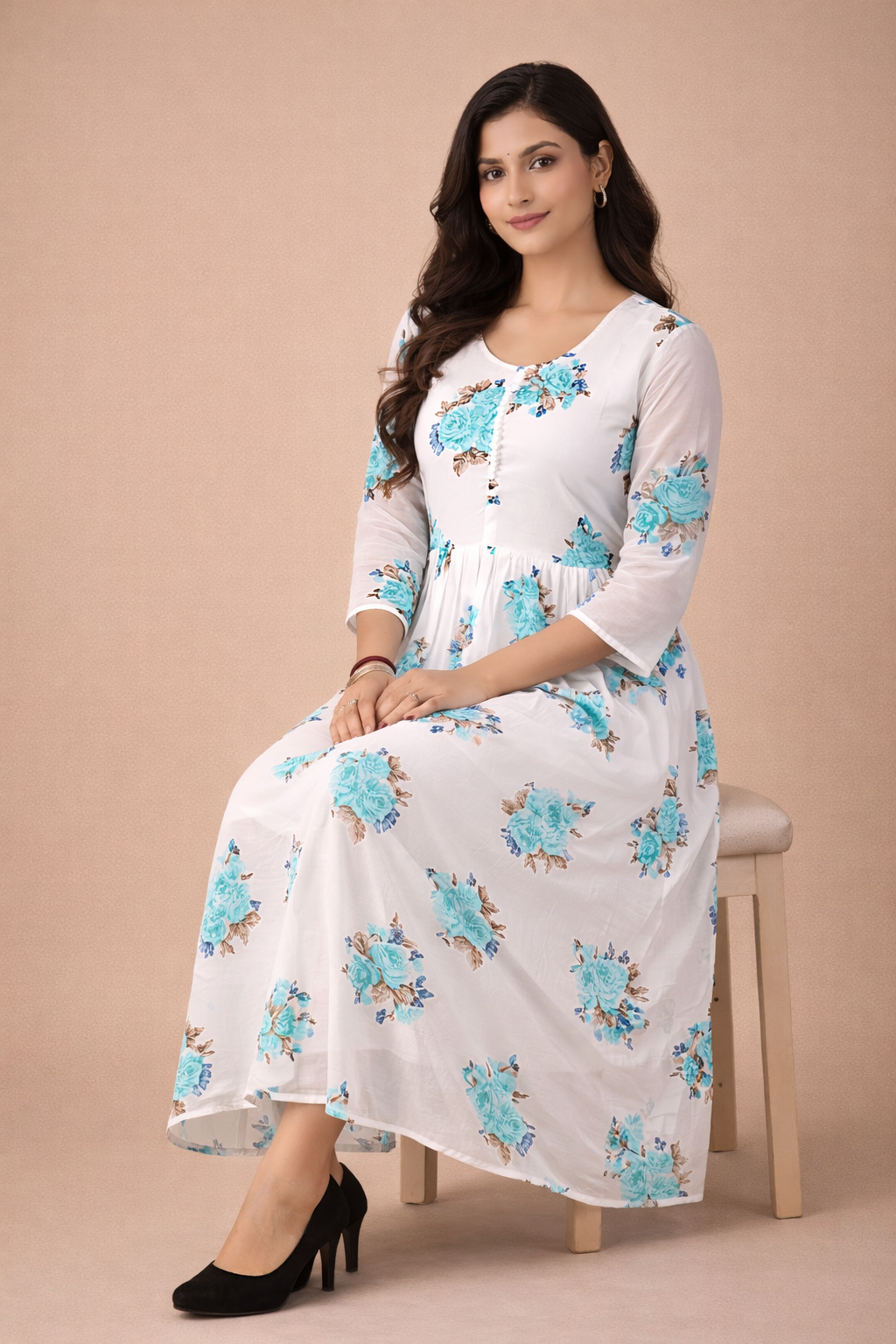 Chic White & Blue Floral Georgette Gown