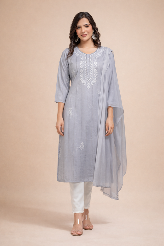 Mist Grey Refined Embroidery 3-Piece Set