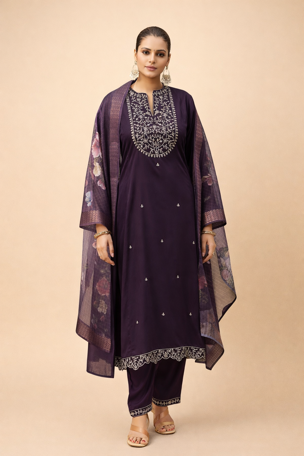 Plum Noir Elegant Embroidery 3-Piece Set