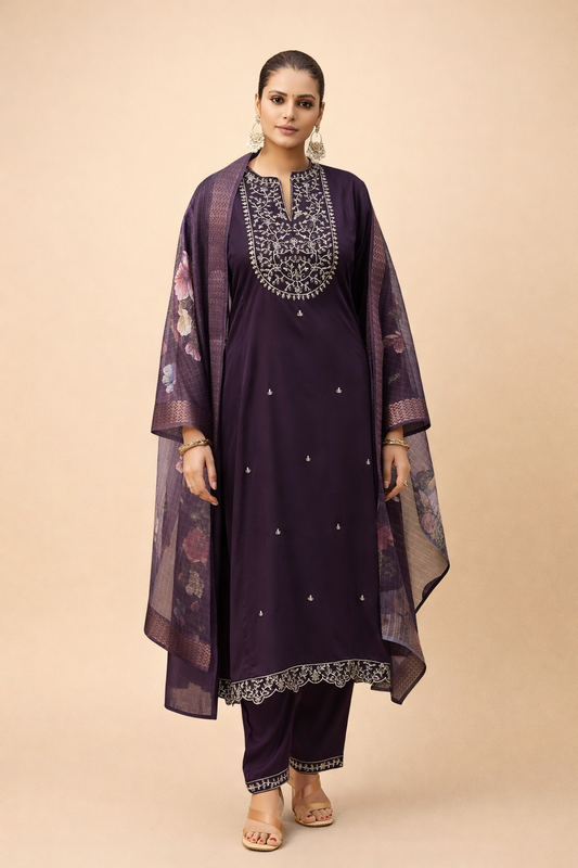 Plum Noir Elegant Embroidery 3-Piece Set