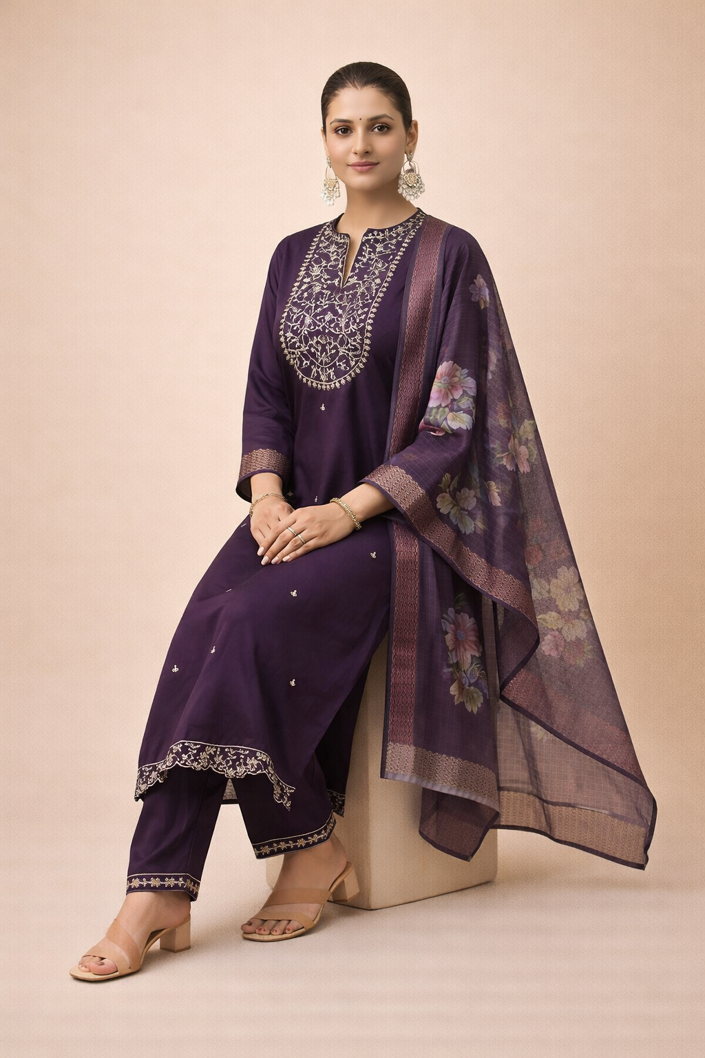 Plum Noir Elegant Embroidery 3-Piece Set