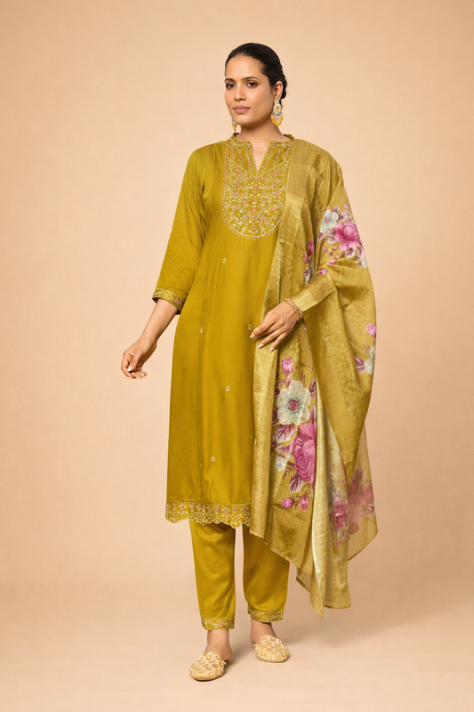 Olive Gold Classic Embroidered 3-Piece Set