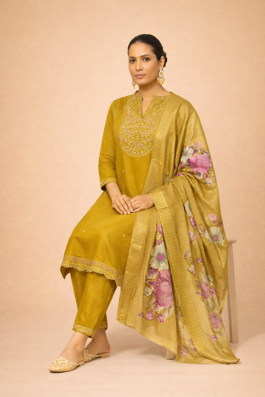 Olive Gold Classic Embroidered 3-Piece Set