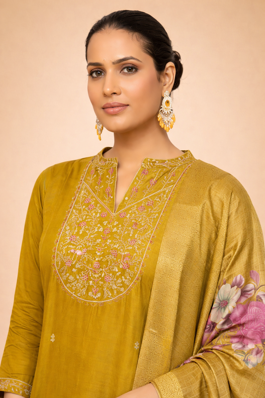 Olive Gold Classic Embroidered 3-Piece Set