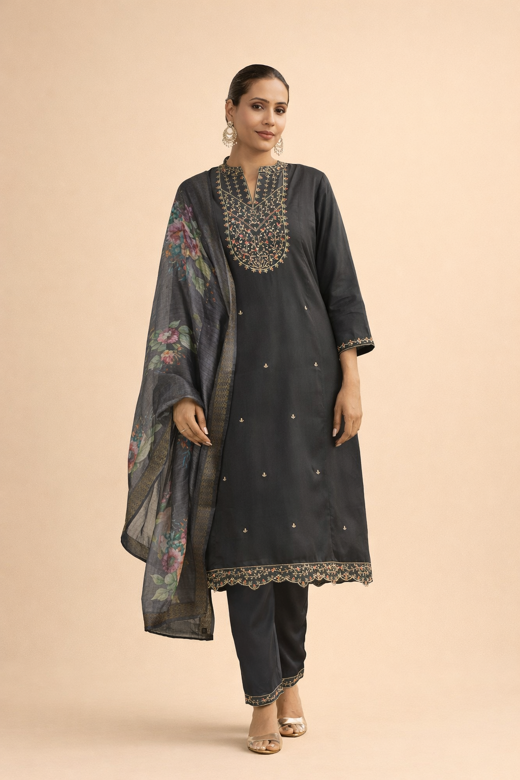 Charcoal Bloom Embroidered 3-Piece Set