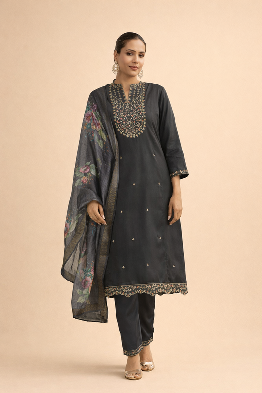 Charcoal Bloom Embroidered 3-Piece Set