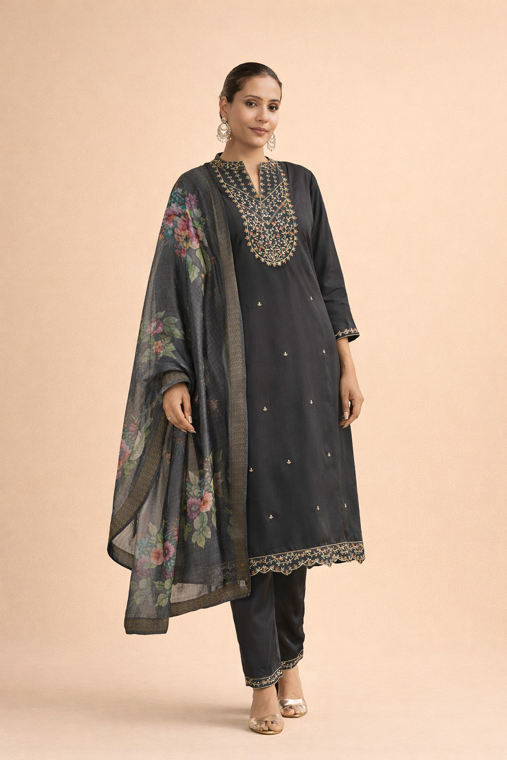 Charcoal Bloom Embroidered 3-Piece Set