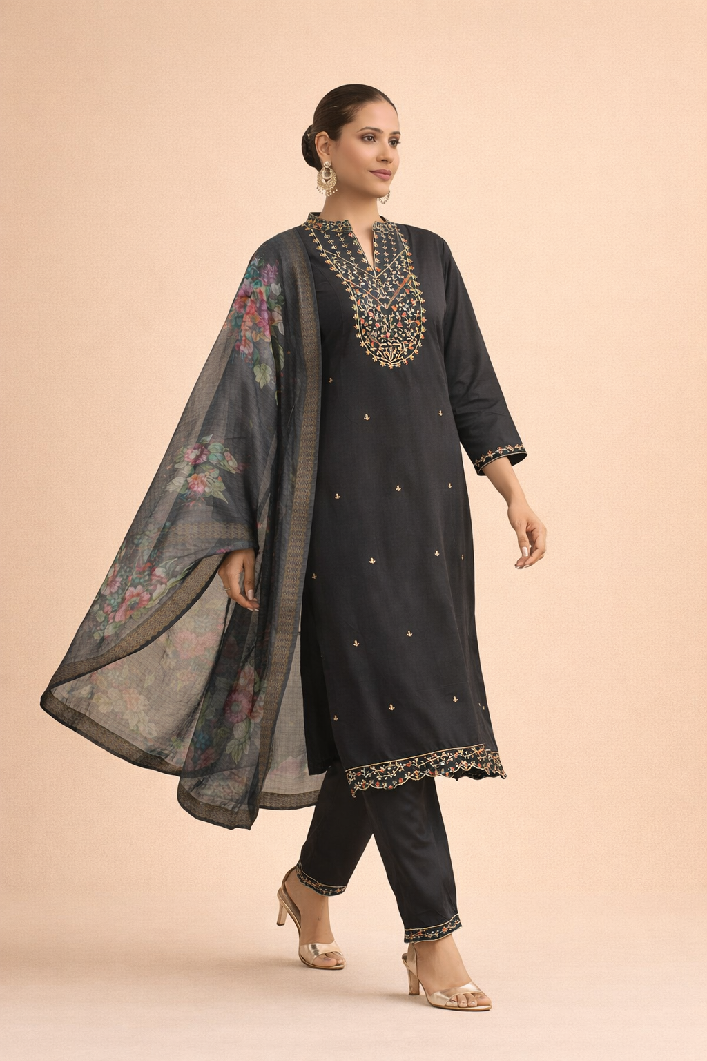 Charcoal Bloom Embroidered 3-Piece Set