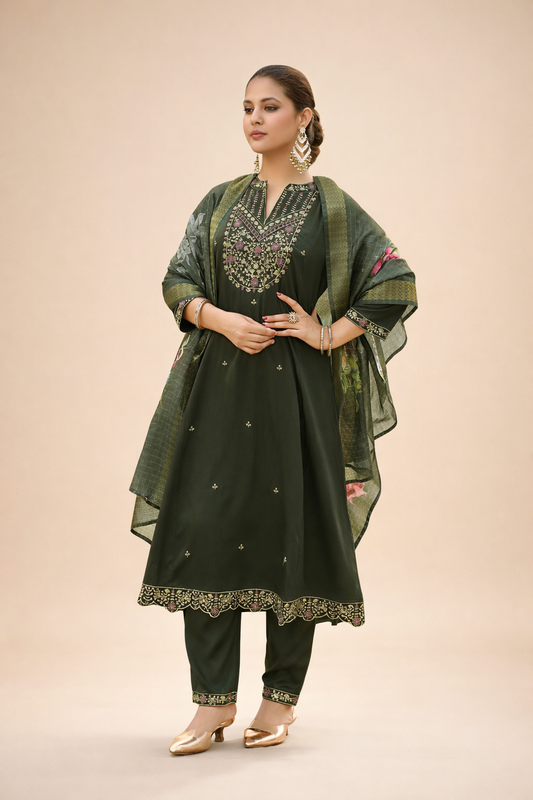 Forest Green Regal Embroidered 3-Piece Set