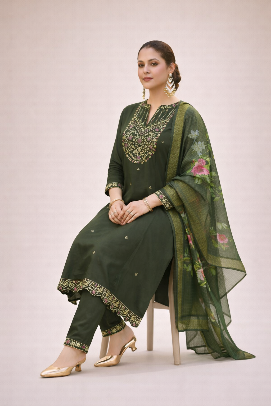 Forest Green Regal Embroidered 3-Piece Set