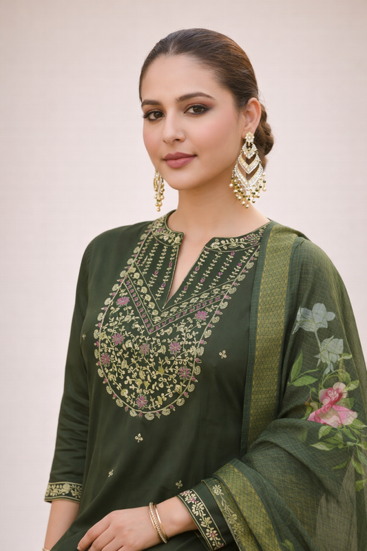 Forest Green Regal Embroidered 3-Piece Set