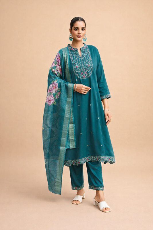 Teal Heritage Embroidered 3-Piece Set