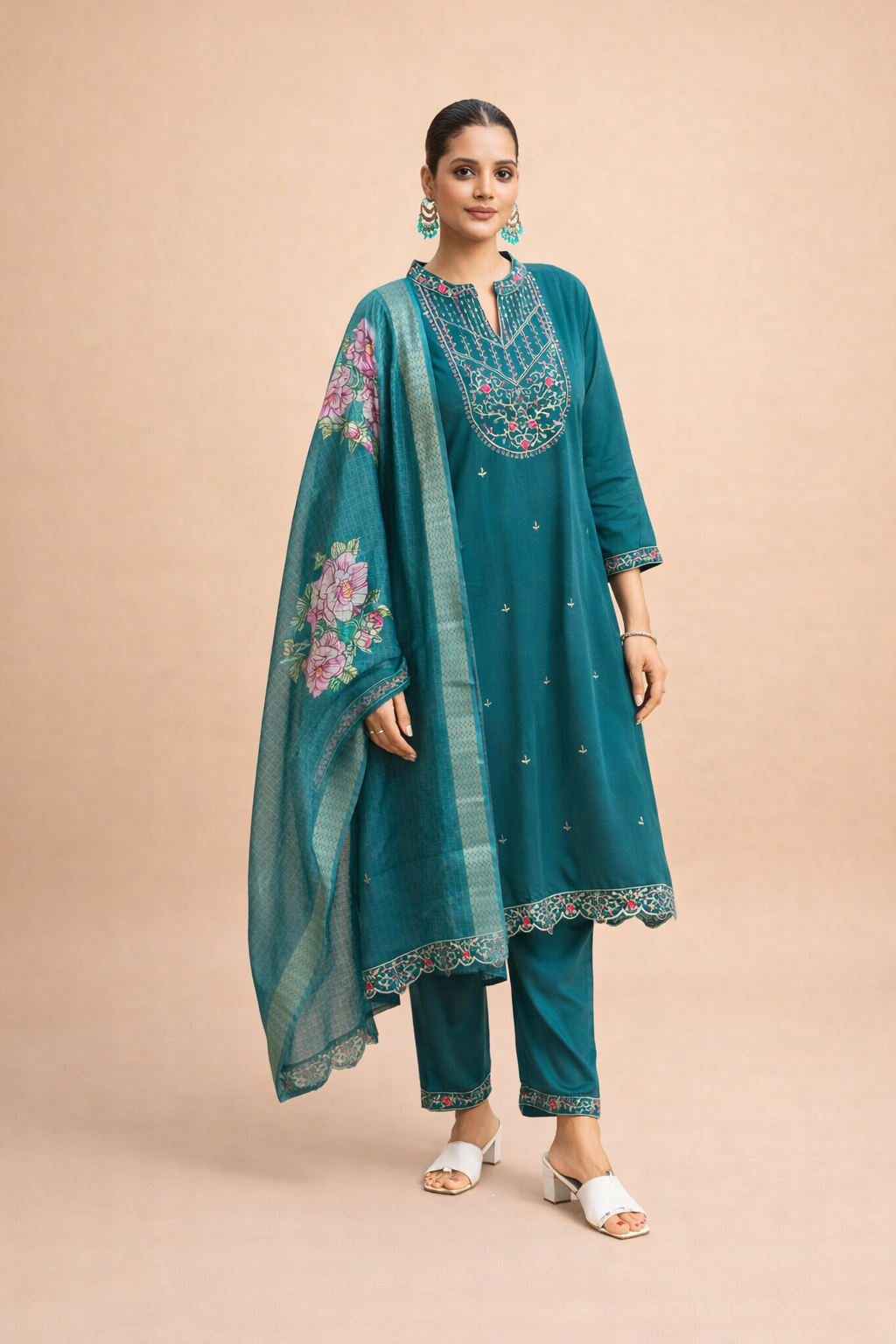 Teal Heritage Embroidered 3-Piece Set