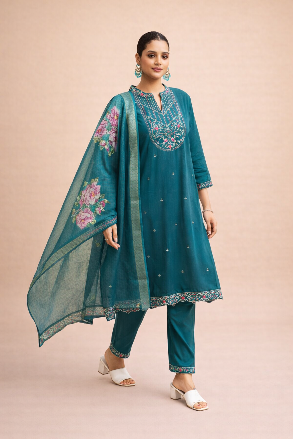 Teal Heritage Embroidered 3-Piece Set