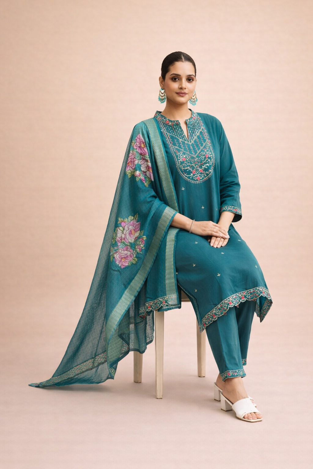 Teal Heritage Embroidered 3-Piece Set