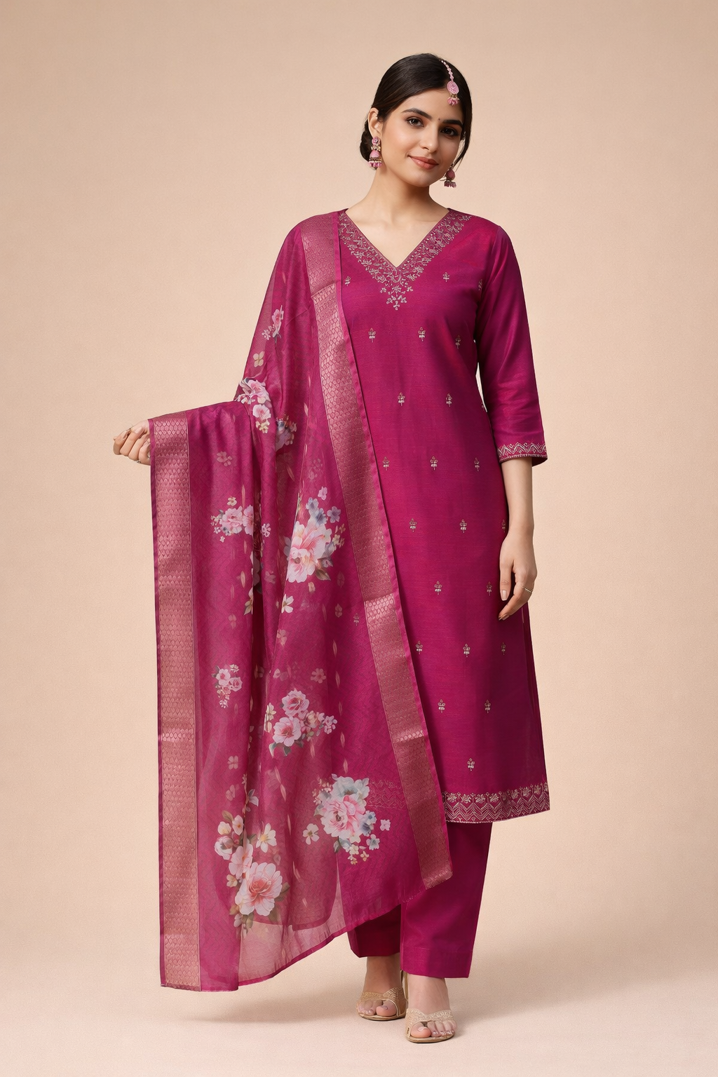 Magenta Pink Color Bangalore Silk with Embroidery and Muslin Digital Print Dupatta