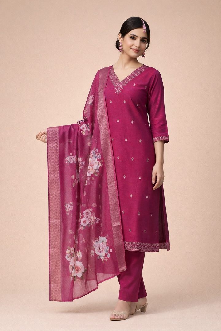 Magenta Pink Color Bangalore Silk with Embroidery and Muslin Digital Print Dupatta