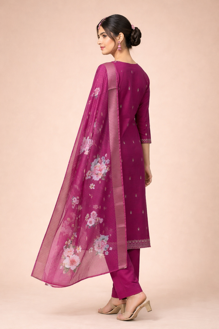 Magenta Pink Color Bangalore Silk with Embroidery and Muslin Digital Print Dupatta