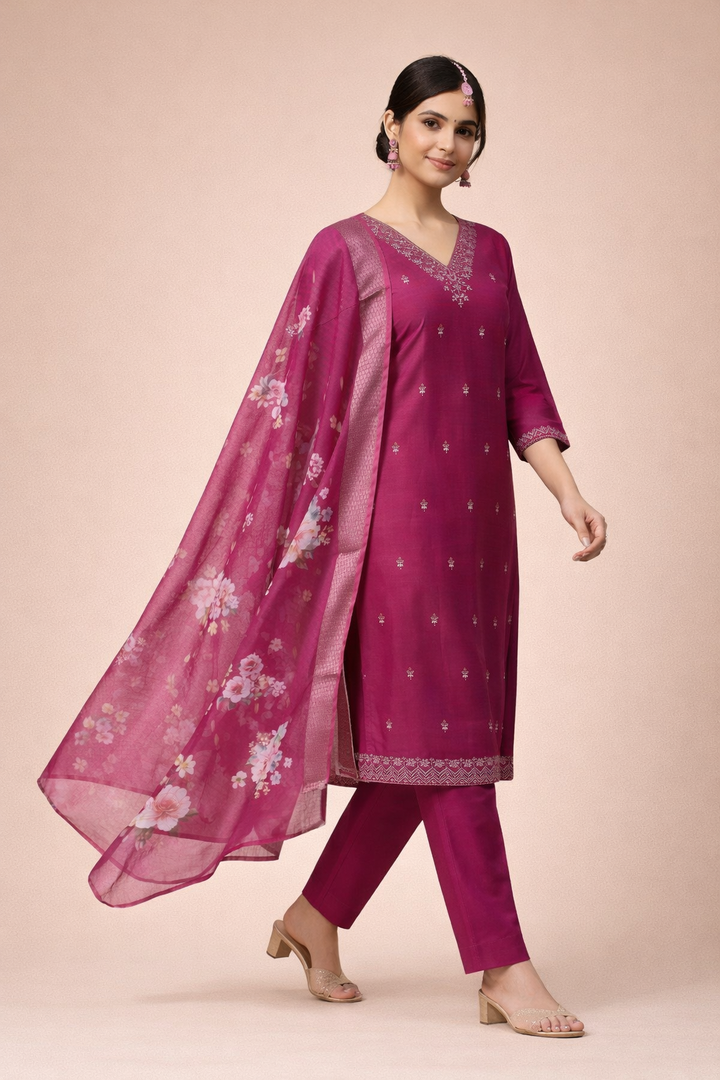 Magenta Pink Color Bangalore Silk with Embroidery and Muslin Digital Print Dupatta