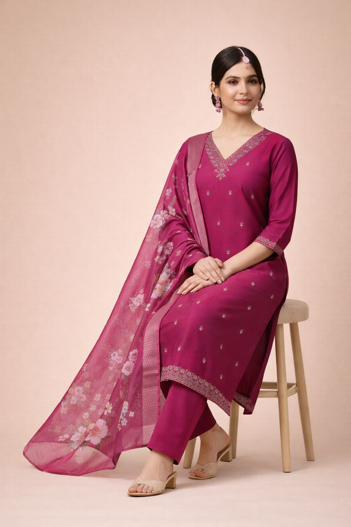 Magenta Pink Color Bangalore Silk with Embroidery and Muslin Digital Print Dupatta