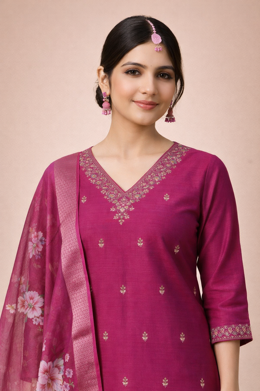 Magenta Pink Color Bangalore Silk with Embroidery and Muslin Digital Print Dupatta