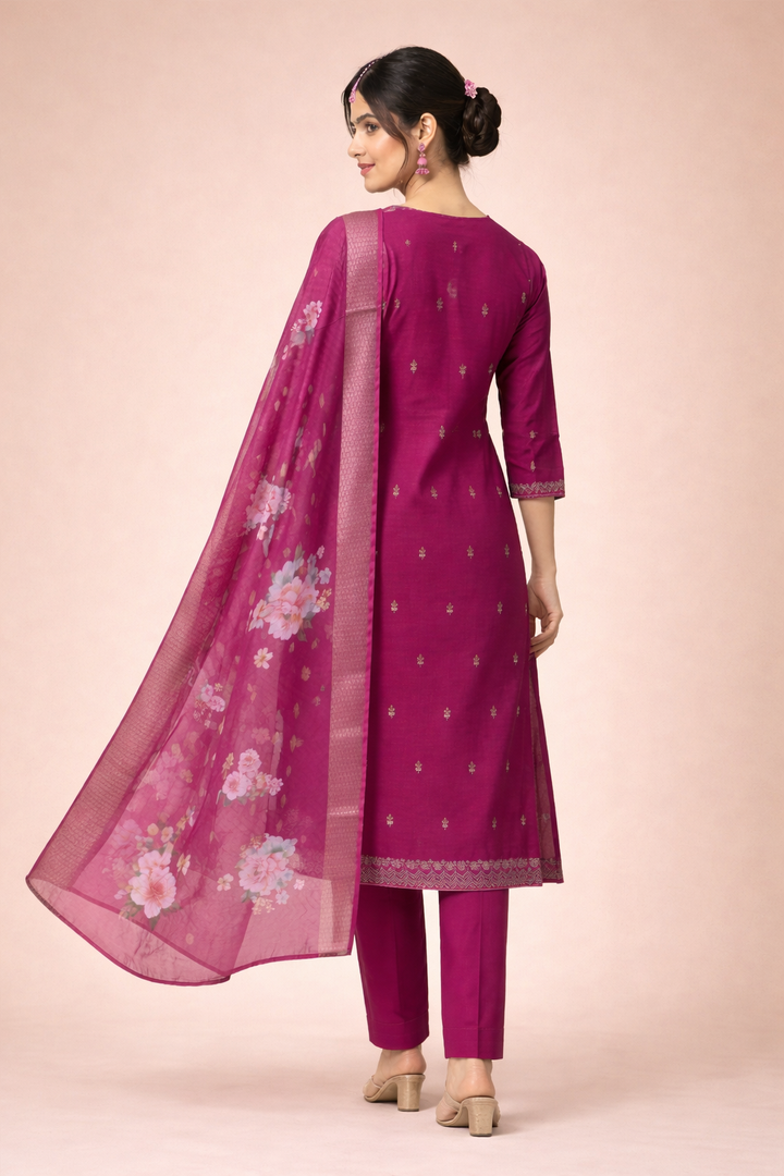 Magenta Pink Color Bangalore Silk with Embroidery and Muslin Digital Print Dupatta